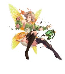 Rule 34 | 1girl, bare shoulders, blonde hair, boots, bracelet, breasts, cleavage, fairy wings, female focus, fire emblem, fire emblem heroes, flower, full body, halterneck, headband, highres, jewelry, leaf, long hair, nintendo, official art, one eye closed, peony (fire emblem), pointy ears, purple eyes, sideboob, solo, teeth, thigh boots, thighhighs, torn clothes, transparent background, twintails, wings, yoshiku (oden-usagi)