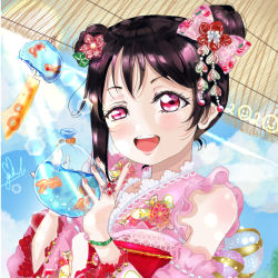 Rule 34 | 1girl, artist name, artist request, back bow, bare shoulders, black hair, blue sky, blush, bow, cloud, double bun, elbow sleeves, female focus, floral print, flower print, hair bow, hair bun, holding, japanese clothes, kimono, looking at viewer, love live!, love live! school idol festival, love live! school idol project, minami yuka (kimikoko thanks), outdoors, parted lips, pink bow, pink kimono, red eyes, short hair, sky, smile, solo, striped, striped bow, twintails, yazawa nico, yukacchi inamin