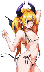 Rule 34 | 1girl, :o, animal print, arched back, arm behind head, bikini, blonde hair, breasts, contrapposto, cowboy shot, demon girl, horns, leopard print, long hair, original, pointy ears, print bikini, ruuto (sorufu), side-tie bikini bottom, simple background, small breasts, solo, standing, swimsuit, tail, twintails, white background, wings, yellow eyes