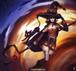 Rule 34 | 1girl, adrian wolve, animal ears, artist name, bandaged leg, bandages, belt, black cat, black gloves, black hair, boots, breasts, brown footwear, cape, cat, cat ears, cat tail, choker, chomusuke, cloud, collarbone, dated, dress, explosion, fingerless gloves, gloves, hand on headwear, hat, holding, holding staff, holding weapon, kono subarashii sekai ni shukufuku wo!, looking at viewer, megumin, night, night sky, outdoors, paid reward available, parted lips, red dress, red eyes, shiny skin, short dress, short hair, short hair with long locks, sky, small breasts, smile, solo focus, staff, star (sky), starry sky, tail, thighhighs, twilight, weapon, witch, witch hat, yellow eyes, zettai ryouiki