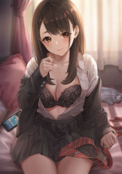 Rule 34 | 1girl, absurdres, bed, bedroom, black bra, black jacket, black skirt, blazer, blush, bra, breasts, brown eyes, cellphone, cleavage, collarbone, collared shirt, commentary request, dress shirt, fujizarashi, highres, holding necktie, indoors, jacket, large breasts, long hair, looking at viewer, necktie, off shoulder, on bed, open clothes, open shirt, original, phone, pleated skirt, red necktie, school uniform, shirt, shirt tucked in, sidelocks, sitting, skirt, solo, swept bangs, underwear, white shirt