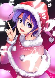 Rule 34 | 1girl, :3, :d, ashiroku (miracle hinacle), capelet, doremy sweet, fur trim, hat, highres, index finger raised, long sleeves, looking at viewer, nightcap, open mouth, pom pom (clothes), purple eyes, purple hair, red capelet, red hat, short hair, signature, smile, solo, touhou, upper body
