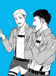 Rule 34 | 2boys, belt, blue eyes, crossed arms, erwin smith, feet out of frame, greyscale with colored background, happy aura, highres, laughing, male focus, multiple boys, nile dok, paradis military uniform, shingeki no kyojin, short hair, spot color, thick eyebrows, undercut, yonchi