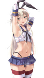 Rule 34 | 1girl, armpits, arms up, black hairband, black neckerchief, black panties, blonde hair, blush, breasts, cowboy shot, crop top, elbow gloves, gloves, grey eyes, hairband, highleg, highleg panties, highres, kantai collection, kuroame (kurinohana), long hair, looking at viewer, microskirt, navel, neckerchief, open mouth, panties, sailor collar, shimakaze (kancolle), shirt, simple background, skirt, sleeveless, sleeveless shirt, small breasts, smile, solo, striped clothes, striped thighhighs, sweat, thighhighs, underwear, white background, white gloves, zettai ryouiki