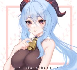 Rule 34 | 1girl, artist name, bell, blue hair, bodystocking, border, breasts, commentary, cowbell, english commentary, ganyu (genshin impact), genshin impact, hair between eyes, halterneck, hand on own chest, highres, horns, long hair, looking at viewer, medium breasts, metalkrot, outside border, parted lips, pink border, portrait, procreate (medium), purple eyes, sidelocks, skin tight, solo, white background
