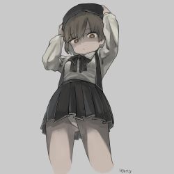 Rule 34 | 1girl, arms up, bad id, bad pixiv id, beret, black bow, black bowtie, black hat, black skirt, bow, bowtie, brown eyes, brown hair, closed mouth, cowboy shot, empty eyes, from below, gluteal fold, hands on headwear, hat, hatoba tsugu, legs apart, long sleeves, looking at viewer, looking down, megame (okbnkn), panties, pleated skirt, shaded face, shirt, short hair, skirt, solo, suspender skirt, suspenders, underwear, upskirt, virtual youtuber, white panties, white shirt