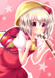 Rule 34 | 1girl, ascot, backpack, bag, blonde hair, dress, female focus, flandre scarlet, flute, hair ribbon, hat, highres, holding flute, holding instrument, instrument, looking at viewer, neats, polka dot, polka dot background, puffy sleeves, randoseru, recorder, recording, red dress, red eyes, ribbon, school hat, shirt, short sleeves, side ponytail, silver hair, solo, star (symbol), touhou, wings