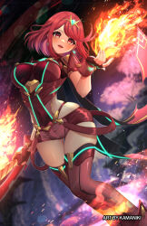 Rule 34 | 1girl, breasts, chest jewel, fingerless gloves, gem, gloves, highres, jewelry, kamaniki, large breasts, looking at viewer, pyra (xenoblade), red eyes, red hair, short hair, shorts, smile, solo, swept bangs, tiara, xenoblade chronicles (series), xenoblade chronicles 2