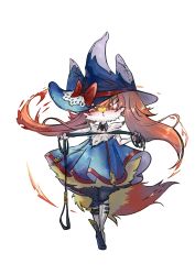Rule 34 | 1girl, :&lt;, absurdres, animal ear headwear, animal ears, animal nose, arm up, asymmetrical footwear, black fur, blue dress, blue hat, blush, body fur, boots, bow, braixen, brooch, closed mouth, clothed pokemon, creatures (company), detached collar, dress, fake animal ears, fang, fang out, female focus, fire, flat chest, fox girl, fox tail, full body, furry, furry female, game freak, gen 6 pokemon, hand up, hat, hat bow, highres, holding, jewelry, knee boots, leash, legs together, long hair, looking at viewer, mismatched footwear, neck fur, nintendo, orange eyes, outstretched arm, pawpads, pokemon, pokemon (creature), red bow, red hair, short dress, sidelocks, simple background, solo, standing, strapless, strapless dress, tail, transparent background, white footwear, white fur, witch hat, xiao jiang he shannai, yellow fur