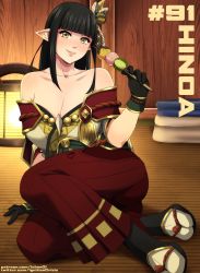 Rule 34 | absurdres, black gloves, black hair, blunt bangs, breasts, capcom, character name, closed mouth, dango, fewer digits, food, gloves, hair ornament, highres, hinoa, japanese clothes, large breasts, long hair, looking at viewer, monster hunter (series), monster hunter rise, pointy ears, sgt crisis, sidelocks, smile, solo, wagashi, yellow eyes
