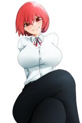 Rule 34 | 1girl, black pants, borrowed character, breasts, buttons, carla carmilla (rariatto), commentary, crossed legs, english commentary, fangs, hidden-nickx, highres, large breasts, looking at viewer, original, pants, red eyes, red hair, shirt, sitting, smile, solo, vampire, white shirt