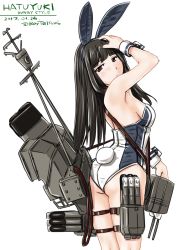 Rule 34 | 10s, 1girl, 2017, alternate costume, animal ears, arm up, ass, bare shoulders, black eyes, black hair, blunt bangs, breasts, character name, cowboy shot, dated, fake animal ears, from side, hatsuyuki (kancolle), head tilt, kantai collection, leotard, long hair, looking at viewer, machinery, medium breasts, playboy bunny, rabbit ears, rabbit tail, sideways glance, simple background, solo, strapless, strapless leotard, tail, tatsumi ray, thigh strap, turret, twitter username, weapon, white background, wrist cuffs