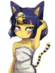 1girl ancient_egyptian animal_crossing animal_ears ankha_(animal_crossing) black_eyes blue_hair blunt_bangs blush_stickers bob_cut breasts cat_ears cat_girl cat_tail colored_skin furry furry_female hair_ornament looking_at_viewer nintendo rr_(user_hcrd3433) short_hair simple_background snake_hair_ornament solo striped_tail tail yellow_fur yellow_skin