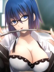 Rule 34 | 1girl, black-framed eyewear, black jacket, blue eyes, blue hair, blurry, blurry background, blush, bra, breasts, chalkboard, ciel (tsukihime), cleavage, closed mouth, collarbone, collared shirt, commentary request, glasses, hair between eyes, highres, holding, holding pointer, indoors, jacker, jacket, large breasts, looking at viewer, open clothes, open jacket, pointer, shirt, short hair, solo, tongue, tongue out, tsukihime, tsukihime (remake), underwear, undressing, upper body, vent vert (kuuya), white bra, white shirt