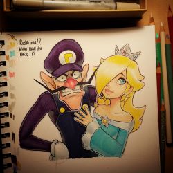 Rule 34 | 1boy, 1girl, bare shoulders, blue eyes, blush, couple, crown, earrings, english text, eyelashes, facial hair, gloves, grin, hair over one eye, hand on own hip, hat, hetero, highres, jewelry, lips, looking at viewer, mario (series), mustache, nintendo, omar dogan, ornate ring, outline, overalls, photo (medium), ring, rosalina, sketchbook, smile, super mario galaxy, traditional media, waluigi