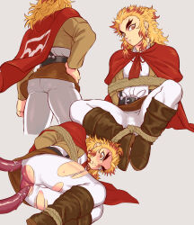 Rule 34 | 1boy, ass, belt, boots, bound, brown jacket, cape, forked eyebrows, highres, jacket, kimetsu no yaiba, male focus, marotoskin, multicolored hair, orange hair, panties, pants, protected link, red cape, rengoku kyoujurou, rope, tentacles, tentacles on male, torn clothes, torn pants, trap, underwear, white pants