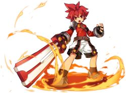 Rule 34 | 1boy, :o, absurdres, artist request, belt, black gloves, elsword, elsword (character), fingerless gloves, fire, full body, gloves, highres, holding, holding sword, holding weapon, knight (elsword), looking at viewer, male focus, official art, open mouth, pauldrons, red eyes, red hair, red shirt, serious, shirt, shoes, shorts, shoulder armor, single pauldron, solo, spiked hair, standing, sword, transparent background, weapon, white shorts