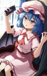 Rule 34 | 1girl, absurdres, ascot, back bow, bat wings, blue hair, blush, bow, brand name imitation, breasts, cellphone, collar, commentary request, frilled collar, frilled skirt, frilled sleeves, frills, furrowed brow, hair between eyes, hands up, hat, highres, holding, holding phone, light particles, looking at object, medium hair, mob cap, open mouth, phone, pink hat, pink shirt, pink skirt, puffy short sleeves, puffy sleeves, red ascot, red bow, red eyes, remilia scarlet, shirt, short sleeves, sidelocks, sitting, skirt, small breasts, smartphone, solo, touhou, vending machine, wings, yosshy