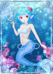Rule 34 | 1girl, 2021, absurdres, blue hair, blue scales, blush, breasts, cleavage, highres, hit0m1417, japanese text, looking at viewer, medium breasts, mermaid, monster girl, navel, open mouth, red eyes, shell, shell bikini, smile, solo, underwater