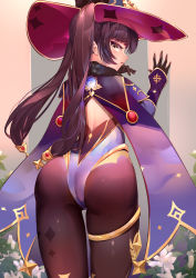 Rule 34 | 1girl, absurdres, ass, back, black pantyhose, blush, genshin impact, gloves, hat, highres, jewelry, leotard, long hair, looking at viewer, mona (genshin impact), open mouth, pantyhose, purple hair, ribbon, solo, twintails, witch hat, xiaoshan jiang