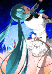 Rule 34 | 1girl, aqua hair, bow, enomoto kankuro, closed eyes, frills, hatsune miku, long hair, microphone, midriff, music, open mouth, outstretched arm, ribbon, singing, skirt, solo, teeth, twintails, vocaloid, wings
