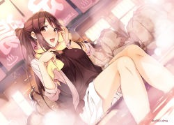 Rule 34 | 1girl, :d, alternate hairstyle, blush, breasts, brown eyes, brown hair, commentary request, dutch angle, end card, hair ornament, iida nana, long hair, looking at viewer, medium breasts, onsen, open mouth, ponytail, rail wars!, revision, shirt, sitting, skirt, smile, soaking feet, solo, steam, sweat, towel, towel around neck, vania600, watch, water, wet, wristwatch