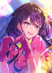 Rule 34 | 1girl, blush, dress, frilled gloves, frills, gloves, hair ornament, heart, heart hands, highres, hoshino ai (oshi no ko), idol, idol clothes, long hair, looking at viewer, omelet tomato, open mouth, oshi no ko, pink dress, pink gloves, pink ribbon, purple eyes, purple hair, rabbit hair ornament, ribbon, smile, solo, star-shaped pupils, star (symbol), star hair ornament, star in eye, swept bangs, symbol-shaped pupils, symbol in eye