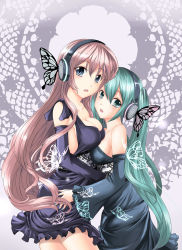 Rule 34 | 2girls, aqua eyes, aqua hair, bare shoulders, blue eyes, breast press, breasts, bug, butterfly, butterfly wings, cleavage, dress, hatsune miku, headphones, highres, insect, insect wings, long hair, magnet (vocaloid), megurine luka, miyuki rei, multiple girls, open mouth, pink hair, twintails, vocaloid, wings, yuri