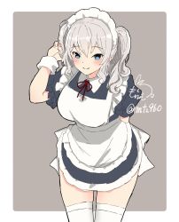 Rule 34 | 1girl, alternate costume, apron, artist logo, black dress, blue eyes, border, breasts, commentary request, dress, enmaided, frilled apron, frills, highres, kantai collection, kashima (kancolle), long hair, maid, maid apron, maid headdress, medium breasts, mochizou, sidelocks, silver hair, solo, string tie, thighhighs, twintails, two-tone background, wavy hair, white apron, white border, white thighhighs, wrist cuffs
