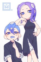Rule 34 | 1boy, 1girl, arm rest, black dress, black shirt, blue eyes, blue hair, breasts, closed mouth, commentary, dot mouth, dress, earrings, hand on own hip, inuowour, jewelry, medium breasts, medium hair, nintendo, octoling, octoling boy, octoling girl, octoling player character, open mouth, purple hair, purple nails, shirt, short hair, side slit, simple background, single earring, sleeveless, sleeveless dress, splatoon (series), standing, symbol-only commentary, tentacle hair, white background