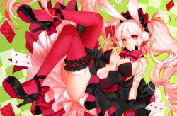 Rule 34 | 1girl, animal ears, apt, ass, bad id, bad pixiv id, bare arms, bare shoulders, black dress, blonde hair, bonnet, breasts, bridal garter, card, dress, earrings, frilled thighhighs, frills, heart, heart earrings, high heels, highres, jewelry, long hair, looking at viewer, original, pink eyes, rabbit ears, red thighhighs, solo, strapless, strapless dress, thighhighs, thighs, twintails, upskirt, very long hair