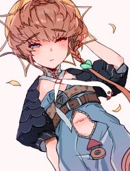 Rule 34 | 1girl, absurdres, belt, black sleeves, blue eyes, blue overalls, blush, braid, breasts, brown hair, buckle, clothing cutout, crown braid, falling petals, fang, fate/grand order, fate (series), hand in own hair, hand up, highres, looking at viewer, navel, navel cutout, one eye closed, open mouth, orange headwear, overalls, petals, puffy short sleeves, puffy sleeves, shimogamo (shimomo 12), short sleeves, side braid, simple background, skin fang, small breasts, solo, striped clothes, striped headwear, sunflower petals, van gogh (fate), white background, zipper pull tab
