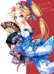 Rule 34 | 1girl, bangs pinned back, bare shoulders, blonde hair, blue eyes, blue kimono, collarbone, commission, copyright request, cropped torso, floral print, flower, folding fan, from side, hair flower, hair ornament, hand fan, high ponytail, highres, holding, holding fan, japanese clothes, kimono, long hair, nekozuki yuki, off shoulder, parted lips, pink flower, pointy ears, ponytail, print kimono, red background, skeb commission, solo, two-tone background, upper body, very long hair, white background