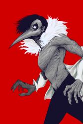 Rule 34 | artaeopteryx, beak, bestial choujin, black hair, choujin x, cowboy shot, feather collar, greyscale with colored background, highres, kurohara tokio (choujin x), looking at viewer, red background, shirt, short hair, sideways glance, simple background, talons, topless male, torn clothes, white shirt