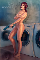 Rule 34 | 1girl, alan wake, barefoot, blue eyes, breasts, control, control (game), covering privates, covering breasts, feet, gun, jesse faden, nude, red hair, sowuh, weapon