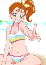 Rule 34 | 1girl, beach, bikini, boh stick, bow, breasts, brown hair, cleavage, collarbone, day, green eyes, grin, hair bow, halterneck, highres, long hair, natsuumi manatsu, navel, ocean, outdoors, precure, side ponytail, sitting, small breasts, smile, solo, striped bikini, striped clothes, swimsuit, tropical-rouge! precure, v, yellow bow