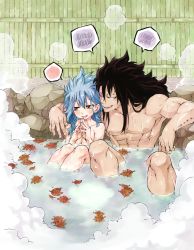 Rule 34 | 1boy, 1girl, abs, black hair, blue hair, blush, breasts, couple, fairy tail, gajeel redfox, highres, leaf, levy mcgarden, mixed-sex bathing, nude, onsen, partially submerged, piercing, rusky, shared bathing, spiked hair, steam, water, wet, wet hair