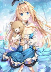 Rule 34 | 1girl, blonde hair, blue eyes, blush, breasts, cleavage, cover, cover page, cowboy shot, hairband, highres, holding, holding stuffed toy, kakeyuku toshi no kikai moon doll, large breasts, long hair, long sleeves, looking at viewer, novel cover, parted lips, rin yuu, smile, solo, stuffed animal, stuffed toy, teddy bear