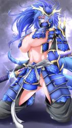 Rule 34 | 1girl, absurdres, annes (g (genesis1556)), armor, bikini armor, black panties, blue armor, blue eyes, blue hair, breast curtains, breasts, chaps, commentary request, dragon girl, dragon horns, dragon tail, eyepatch, full body, g (genesis1556), glint, groin, hair between eyes, helmet, high ponytail, highres, holding, holding sheath, horns, japanese armor, kneeling, kote, kusazuri, large breasts, long hair, looking at viewer, menpoo, monster girl, navel, ootachi, original, panties, pantyshot, ponytail, revealing clothes, scales, shadow, sheath, shoulder armor, sidelocks, sode, solo, stomach, tail, underboob, underwear, unsheathing