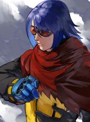 Rule 34 | 1boy, asymmetrical gloves, biker clothes, black gloves, black jacket, blue gloves, blue hair, cape, gloves, goggles, hand up, highres, jacket, k9999, krohnen, long sleeves, medium hair, multicolored clothes, multicolored jacket, oni gini, padded gloves, red goggles, snk, solo, the king of fighters, the king of fighters xv, torn cape, torn clothes, upper body, yellow jacket