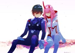 Rule 34 | 10s, 1boy, 1girl, absurdres, black hair, black pantyhose, closed eyes, couple, darling in the franxx, gloves, hand grab, highres, hiro (darling in the franxx), horns, long hair, pantyhose, pilot suit, pink hair, short hair, user snfu7252, white gloves, zero two (darling in the franxx)