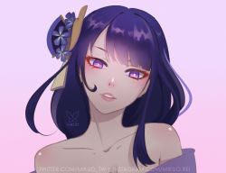 Rule 34 | 1girl, artist name, breasts, cleavage, collarbone, commentary, english commentary, eyeliner, flower, genshin impact, hair ornament, highres, long hair, looking at viewer, makeup, mikuo, open mouth, purple eyes, purple flower, purple hair, raiden shogun, shiny skin, simple background, solo, symbol-only commentary