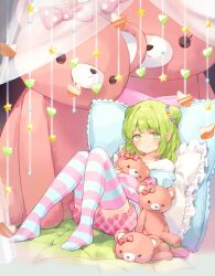 Rule 34 | 1girl, bed, bow, braid, closed mouth, curtains, double bun, frills, full body, green eyes, green hair, hair bow, hair bun, hair ornament, heart, highres, holding, holding stuffed toy, hugging object, indoors, kanase (mcbrwn18), long sleeves, looking at viewer, medium hair, morinaka kazaki, nijisanji, no shoes, on bed, pillow, pink bow, pink shorts, pink thighhighs, polka dot, polka dot bow, shirt, shorts, sitting, smile, solo, star (symbol), striped clothes, striped thighhighs, stuffed animal, stuffed toy, teddy bear, thighhighs, transparent, transparent curtains, virtual youtuber, white shirt, white thighhighs