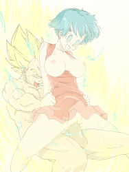 Rule 34 | 1boy, 1girl, aura, blue hair, breasts, breasts out, bulma, caisama, clothed female nude male, clothed sex, dragon ball, dragonball z, electricity, functionally nude, glowing, glowing hair, hetero, husband and wife, nipples, no panties, nude, open mouth, penis, sex, short hair, spiked hair, super saiyan, uncensored, vegeta