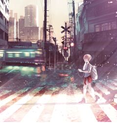 Rule 34 | 1girl, backpack, bag, black footwear, blonde hair, building, bush, cat, cherry blossoms, city, cityscape, commentary, crosswalk, day, earphones, grey shirt, high heels, lens flare, light particles, light rays, motion blur, multiple cats, original, outdoors, power lines, puddle, railing, railroad crossing, red skirt, road, scenery, shirt, short hair, short sleeves, sign, skirt, solo, sonna watashi, train, translation request, unmoving pattern, utility pole, walking, wet floor, wide shot