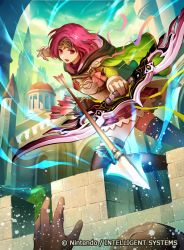 Rule 34 | 1girl, arrow (projectile), bow (weapon), brick wall, capelet, castle, commentary, company name, copyright name, day, fire emblem, fire emblem: the sacred stones, fire emblem cipher, gloves, glowing, headband, holding, holding bow (weapon), holding weapon, hood, hood down, konfuzikokon, looking at viewer, neimi (fire emblem), nintendo, official art, open mouth, outdoors, pink eyes, pink hair, pleated skirt, quiver, short hair, skirt, thighhighs, weapon, zettai ryouiki