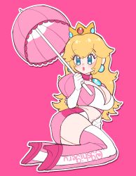 Rule 34 | 1girl, arm support, artist name, blonde hair, blue eyes, breasts, cleavage, crop top, crown, earrings, elbow gloves, expressionless, eyelashes, gloves, gshigeru, hand up, high heels, highres, holding, holding umbrella, jewelry, large breasts, lips, long hair, looking to the side, lying, mario (series), midriff, multicolored umbrella, nintendo, on side, outline, over shoulder, parasol, pencil skirt, pendant choker, pink background, pink footwear, pink lips, pink shirt, pink skirt, pink thighhighs, pink umbrella, princess peach, puckered lips, puffy short sleeves, puffy sleeves, race queen, shirt, short sleeves, simple background, sitting, skirt, solo, super mario bros. 1, thighhighs, twitter username, umbrella, white gloves, white outline, white shirt, white skirt, white thighhighs, white umbrella, zettai ryouiki