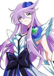 Rule 34 | 1girl, black bow, blue eyes, bow, brooch, choker, closed mouth, collarbone, cure moonlight, dress, earrings, eyes visible through hair, floating hair, frown, hair between eyes, heart, heart brooch, heartcatch precure!, jewelry, long hair, looking at viewer, precure, purple hair, simple background, sleeveless, sleeveless dress, solo, standing, tsukikage oyama, tsukikage yuri, very long hair, white background, white dress