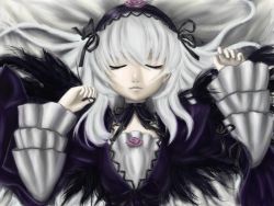 Rule 34 | 00s, dress, closed eyes, frills, hairband, highres, long hair, neoste, rozen maiden, silver hair, solo, suigintou, wings