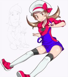 Rule 34 | 1girl, bow, brown eyes, brown hair, creatures (company), game freak, hat, large hat, lyra (pokemon), nintendo, overalls, pokemon, pokemon hgss, red bow, ribbon, shoes, simple background, smile, solo, suspenders, thighhighs, twintails, white background, zaitsu